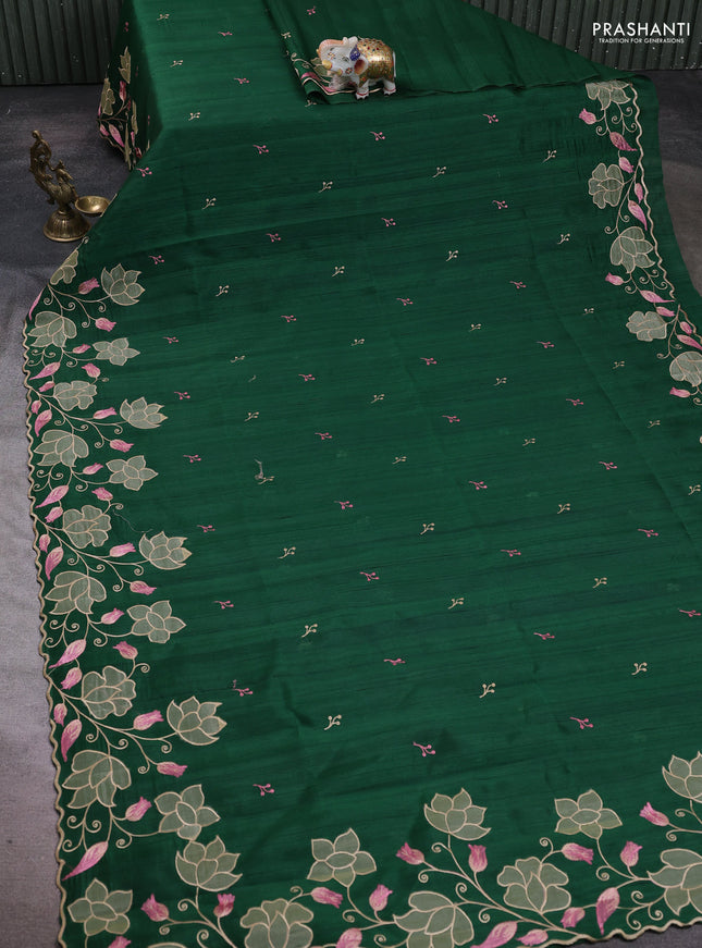Bottle Green Semi Raw Silk Saree - Embroidery Work