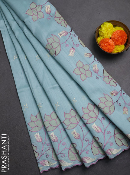 Pastel Blue Semi Raw Silk Saree - Embroidery Work