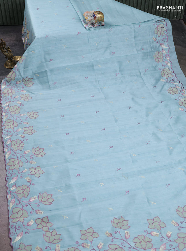 Pastel Blue Semi Raw Silk Saree - Embroidery Work