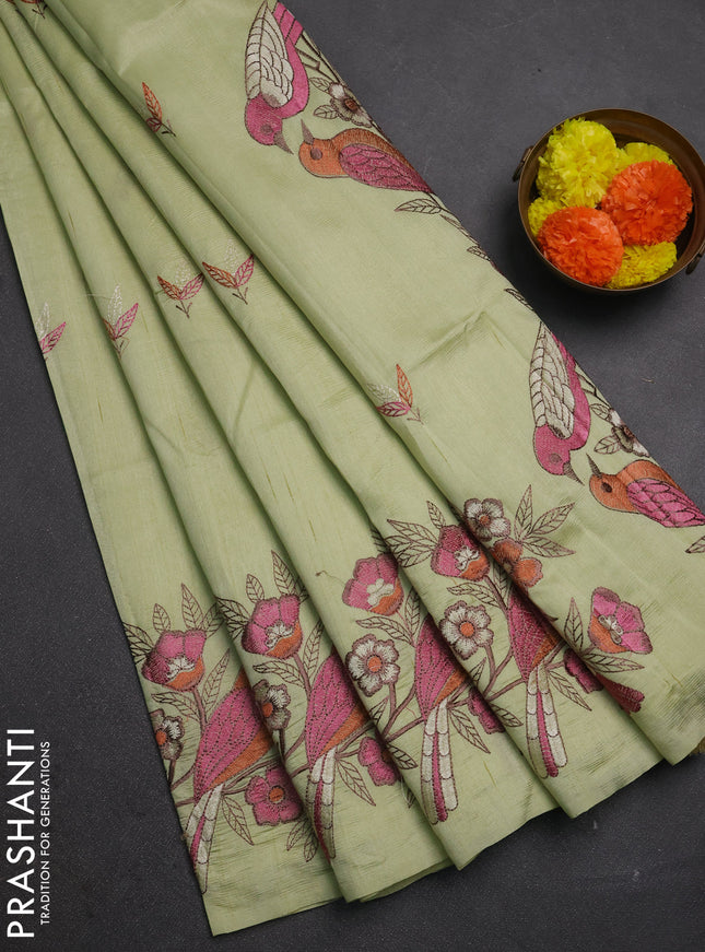 Pista Green Semi Raw Silk Saree - Embroidery Work