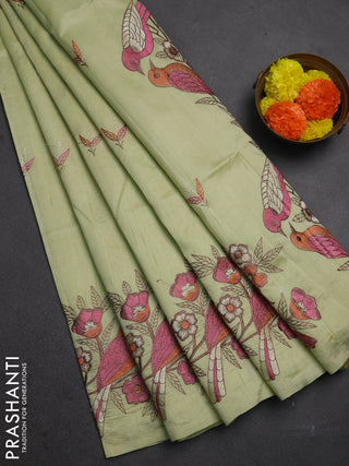 Pista Green Semi Raw Silk Saree - Embroidery Work