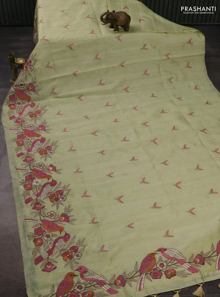 Pista Green Semi Raw Silk Saree - Embroidery Work