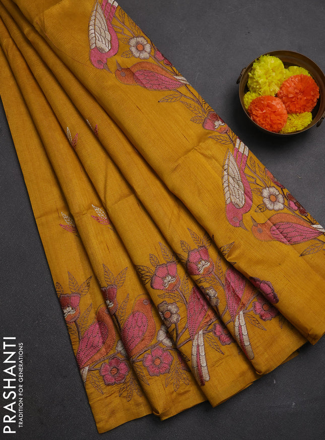 Mustard Yellow Semi Raw Silk Saree - Embroidery Work