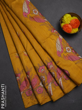 Mustard Yellow Semi Raw Silk Saree - Embroidery Work