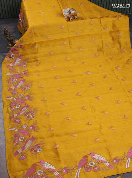 Mustard Yellow Semi Raw Silk Saree - Embroidery Work