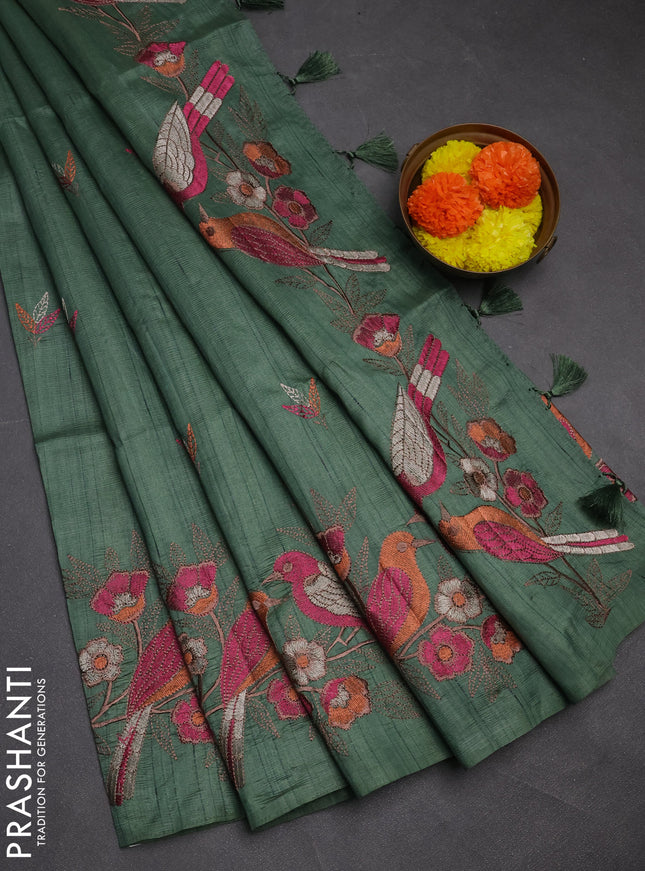 Green Semi Raw Silk Saree - Embroidery Work