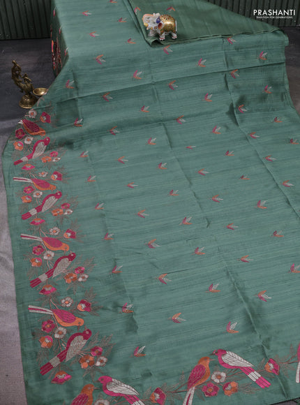 Green Semi Raw Silk Saree - Embroidery Work