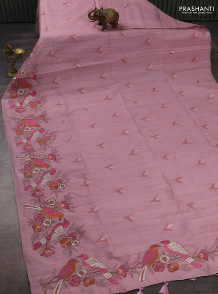 Pastel Pink Semi Raw Silk Saree - Embroidery Work