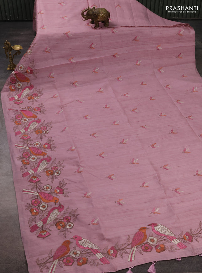 Pastel Pink Semi Raw Silk Saree - Embroidery Work
