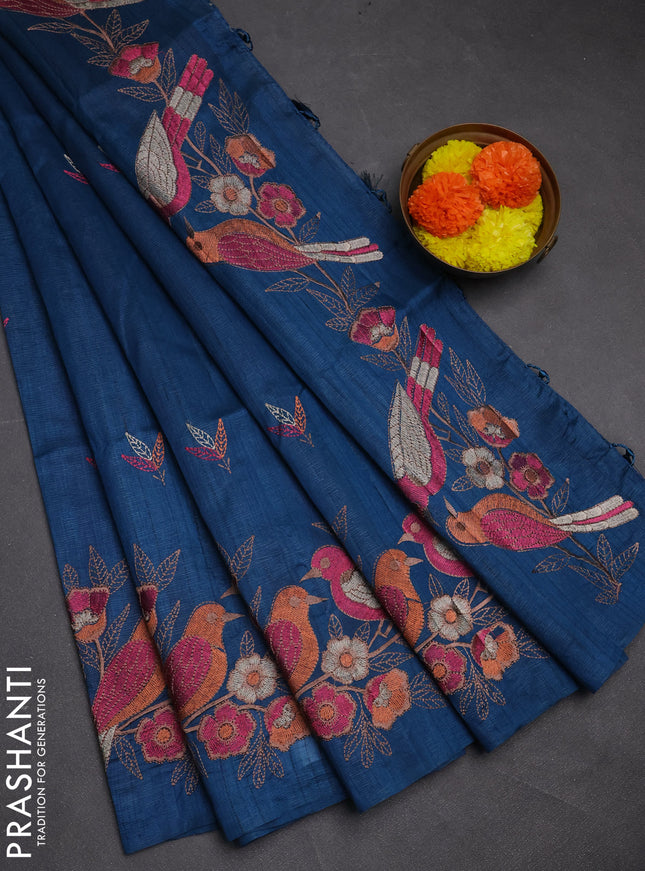 Peacock Green Semi Raw Silk Saree - Embroidery Work