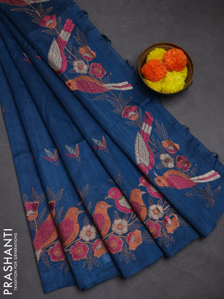Peacock Green Semi Raw Silk Saree - Embroidery Work