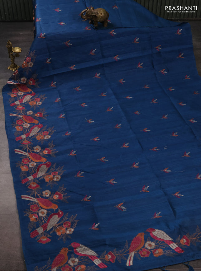 Peacock Green Semi Raw Silk Saree - Embroidery Work