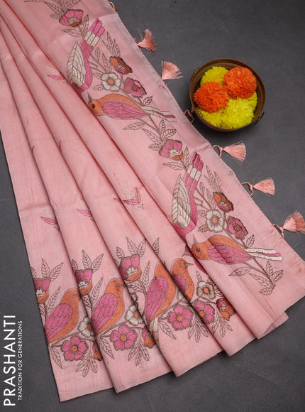 Peach  Semi Raw Silk Saree - Embroidery Work