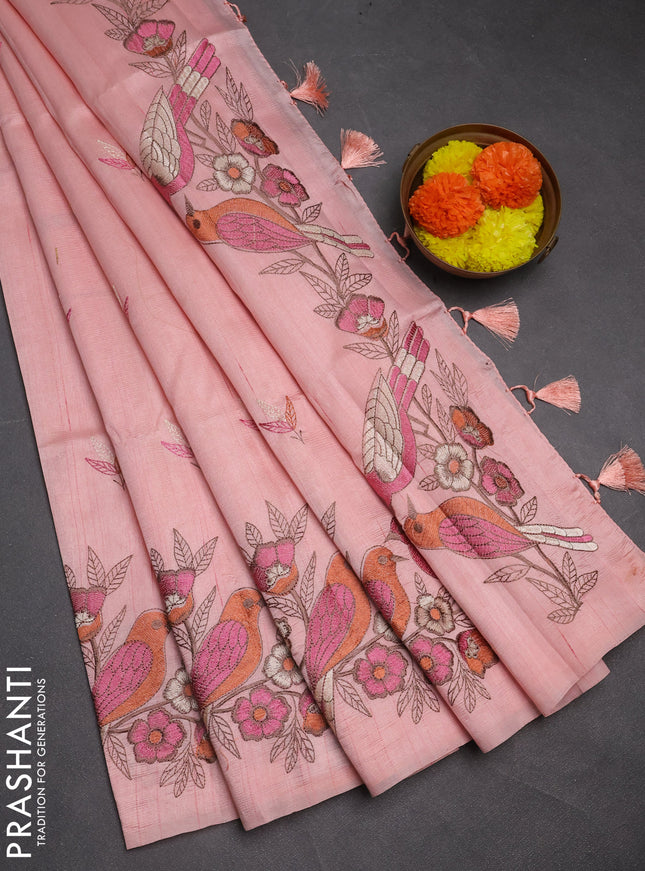 Peach  Semi Raw Silk Saree - Embroidery Work