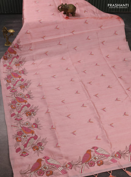 Peach  Semi Raw Silk Saree - Embroidery Work