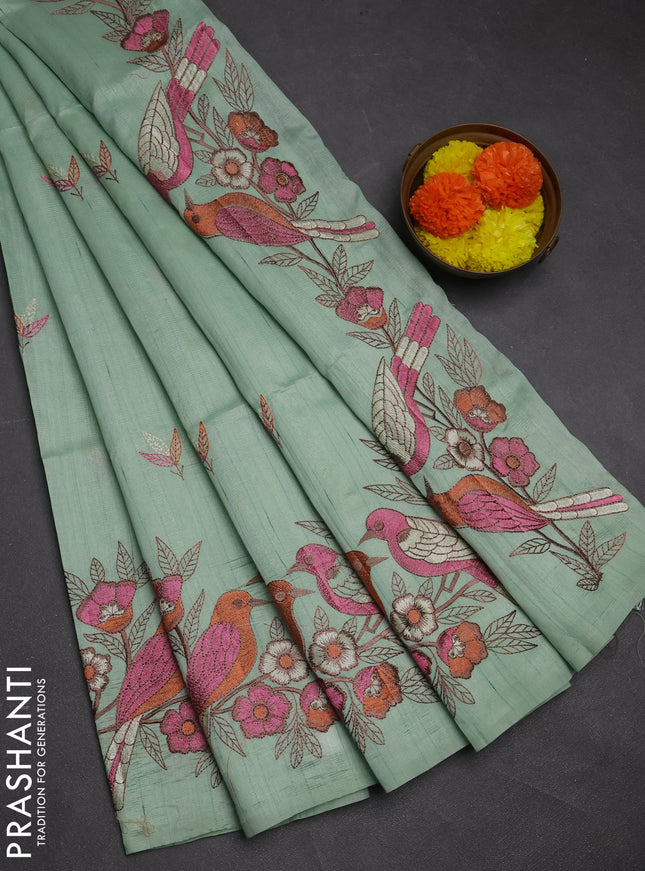 Pastel  Green Semi Raw Silk Saree - Embroidery Work