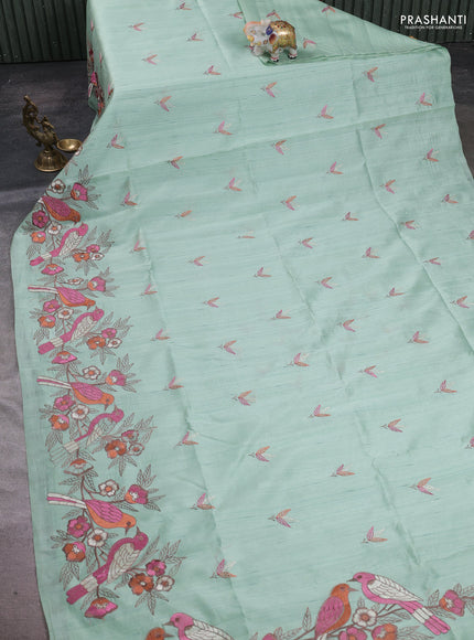 Pastel  Green Semi Raw Silk Saree - Embroidery Work