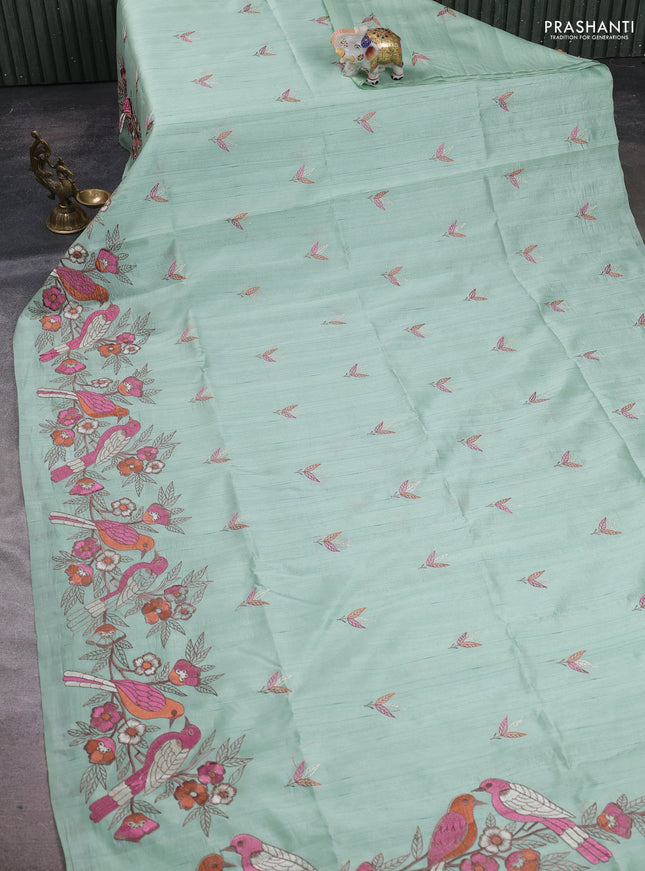 Pastel  Green Semi Raw Silk Saree - Embroidery Work