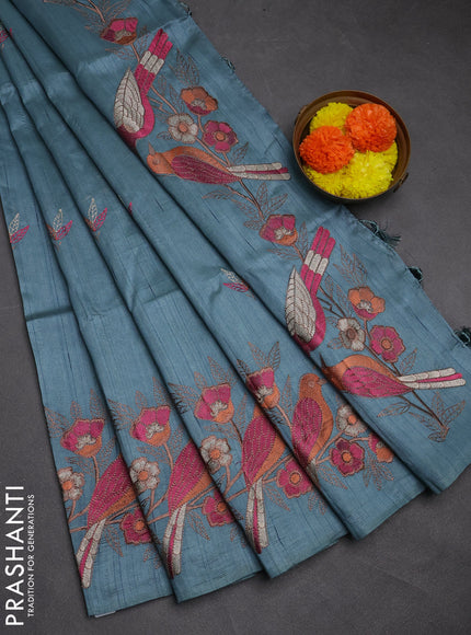 Blue Semi Raw Silk Saree - Embroidery Work