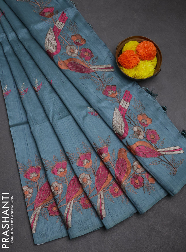 Blue Semi Raw Silk Saree - Embroidery Work