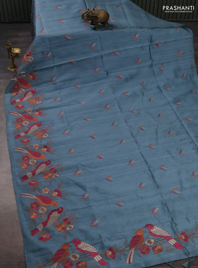 Blue Semi Raw Silk Saree - Embroidery Work