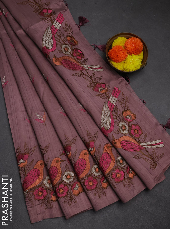 Rosy Brown Semi Raw Silk Saree - Embroidery Work