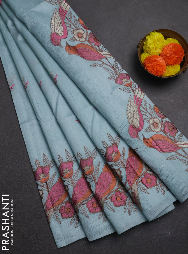 Pastel Blue Semi Raw Silk Saree - Embroidery Work