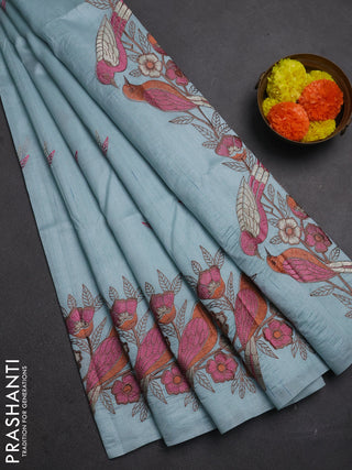 Pastel Blue Semi Raw Silk Saree - Embroidery Work