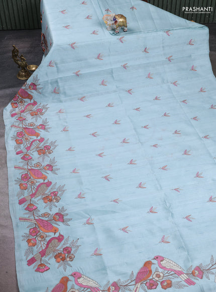 Pastel Blue Semi Raw Silk Saree - Embroidery Work