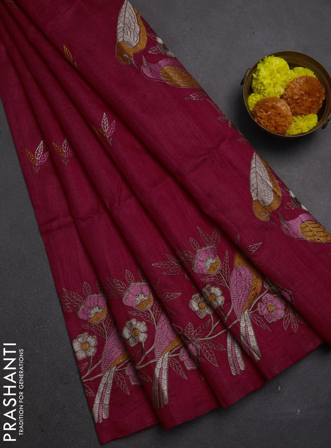Pink Semi Raw Silk Saree - Embroidery Work