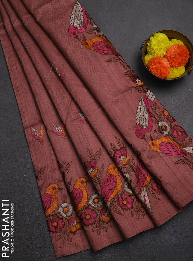 Peach Semi Raw Silk Saree - Embroidery Work