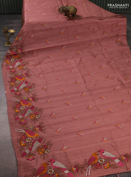 Peach Semi Raw Silk Saree - Embroidery Work