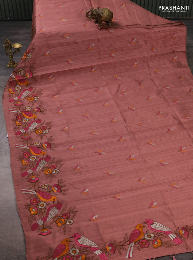 Peach Semi Raw Silk Saree - Embroidery Work