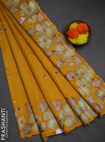 Mustard Yellow Semi Raw Silk Saree - Embroidery Work