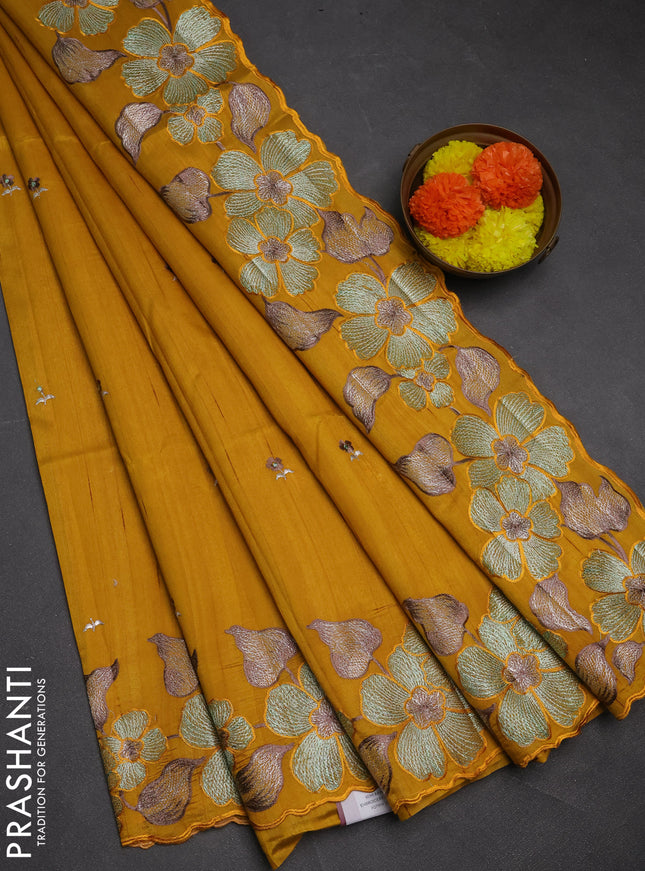 Mustard Yellow Semi Raw Silk Saree - Embroidery Work