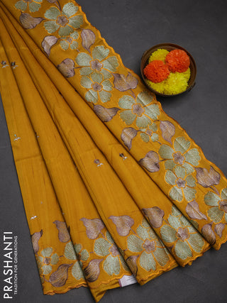Mustard Yellow Semi Raw Silk Saree - Embroidery Work