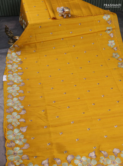 Mustard Yellow Semi Raw Silk Saree - Embroidery Work