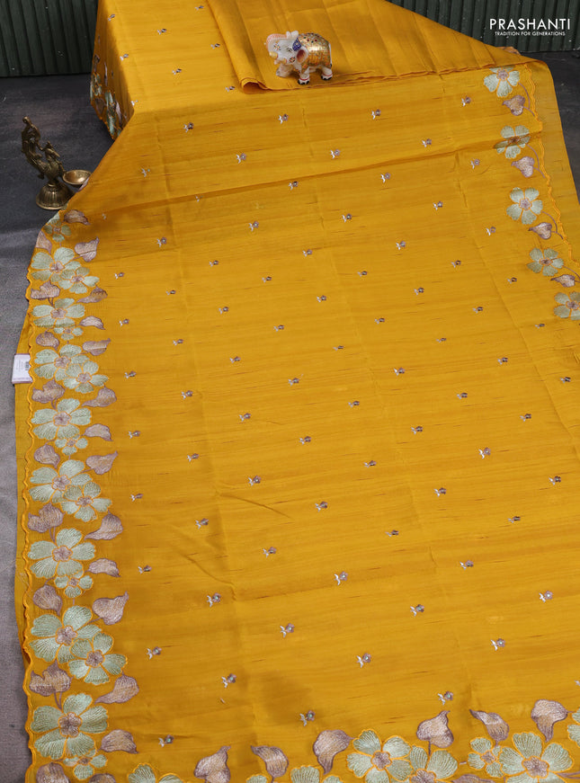 Mustard Yellow Semi Raw Silk Saree - Embroidery Work