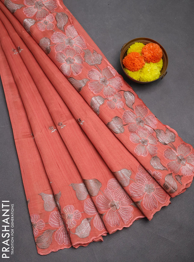 Peach  Semi Raw Silk Saree - Embroidery Work