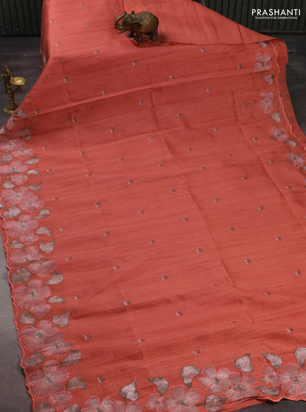 Peach  Semi Raw Silk Saree - Embroidery Work