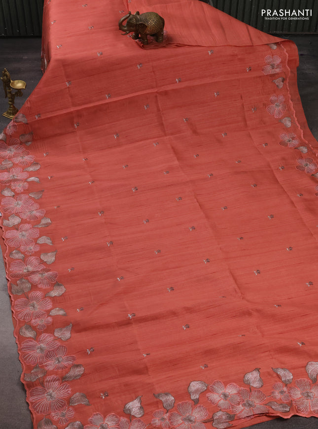 Peach  Semi Raw Silk Saree - Embroidery Work