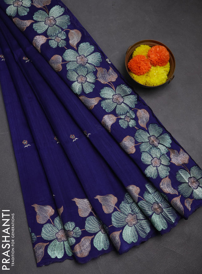 Navy Blue Semi Raw Silk Saree - Embroidery Work