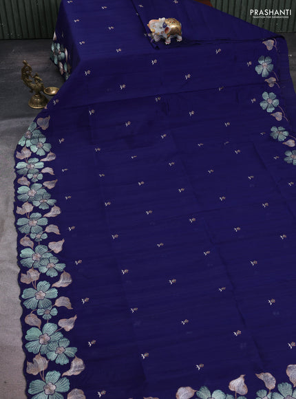 Navy Blue Semi Raw Silk Saree - Embroidery Work