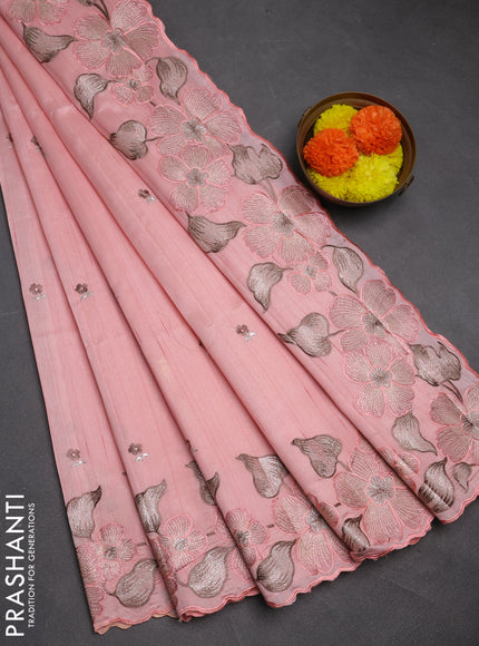 Peach  Semi Raw Silk Saree - Embroidery Work