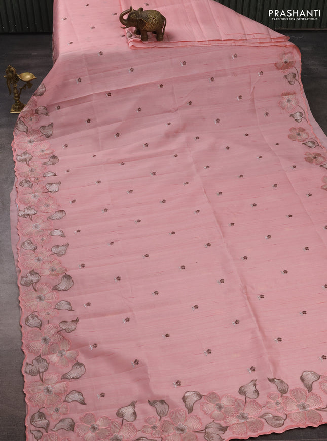 Peach  Semi Raw Silk Saree - Embroidery Work