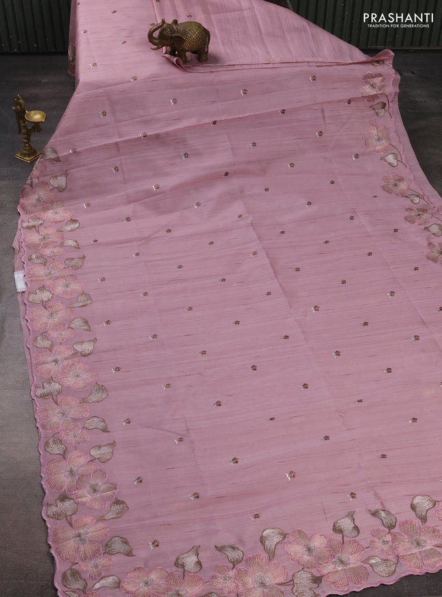 Pastel Pink Semi Raw Silk Saree - Embroidery Work