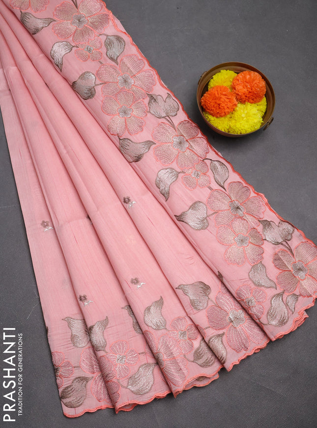 Peach  Semi Raw Silk Saree - Embroidery Work