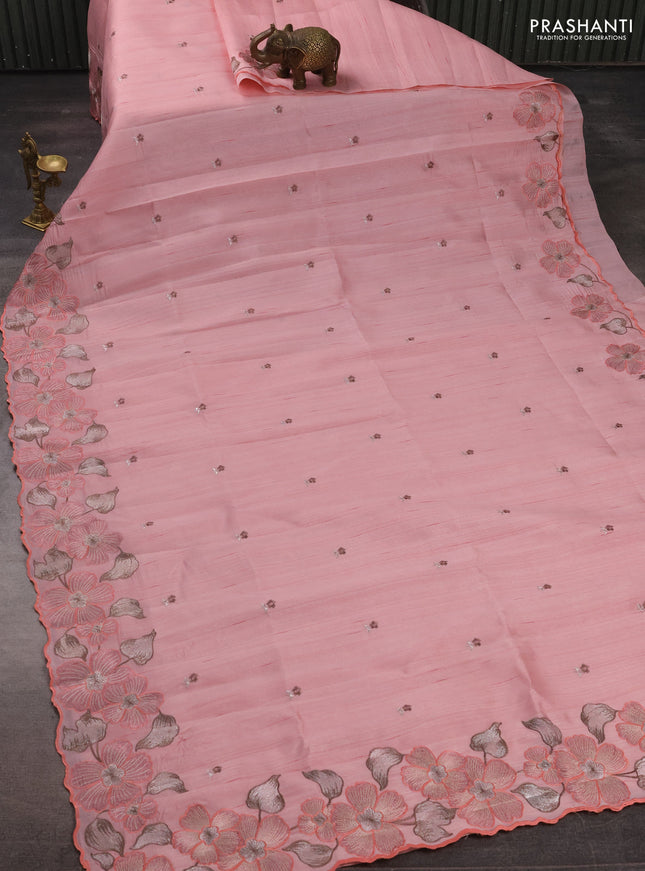 Peach  Semi Raw Silk Saree - Embroidery Work