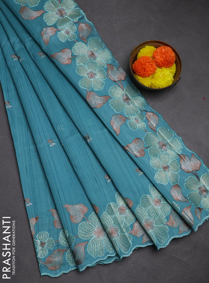 Teal Blue Semi Raw Silk Saree - Embroidery Work
