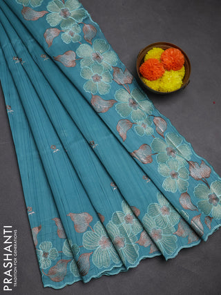 Teal Blue Semi Raw Silk Saree - Embroidery Work
